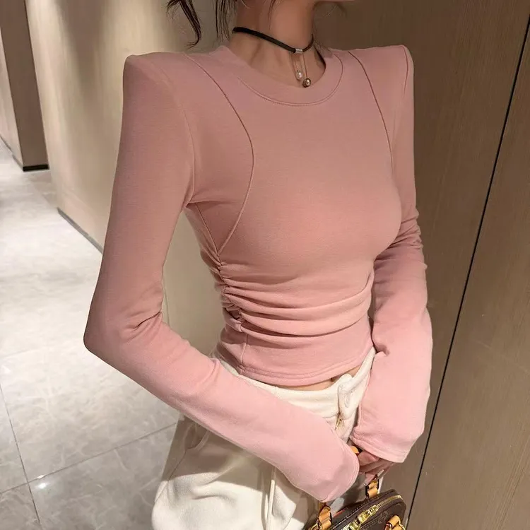 2025年秋冬新款时尚百搭设计感侧打邹鱼骨线显瘦磨毛加绒上衣