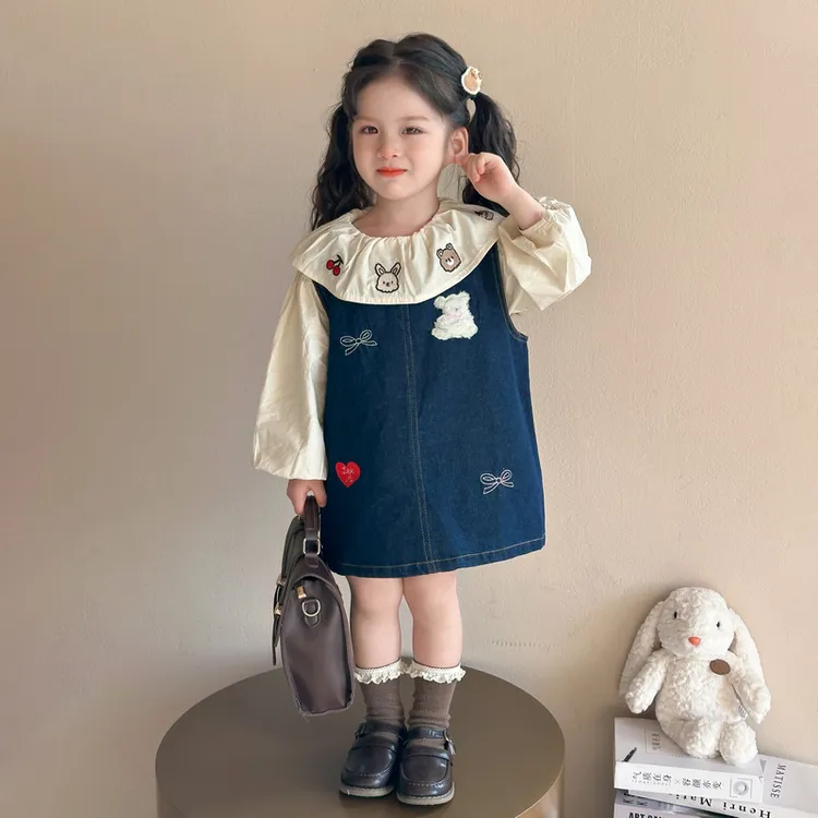 女童牛仔连衣裙套装2025春秋款儿童韩版衬衫洋气女孩娃娃衫两件套