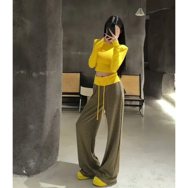 2025秋季新款女韩系穿搭圆领长袖上衣气质高腰系带条纹阔腿长裤