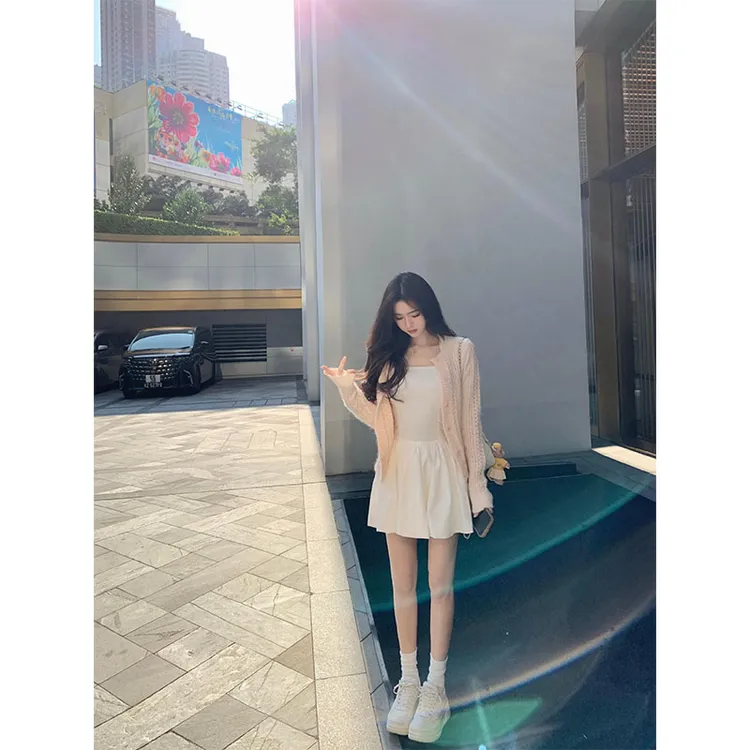 新款纯欲慵懒风休闲百搭气质长袖针织开衫高腰修身显瘦连衣裙短裙