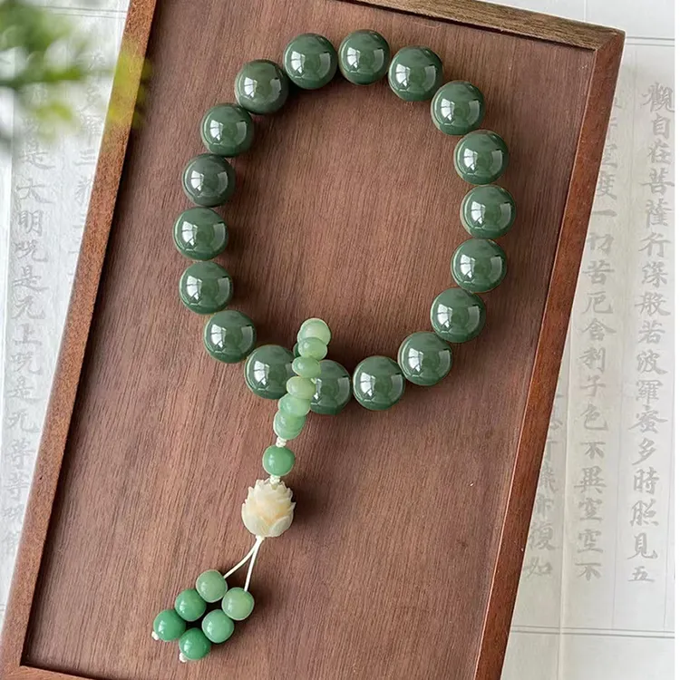 原生态天然阴皮料绿色大青提大绿单圈手串手持菩提根圆珠大尺寸