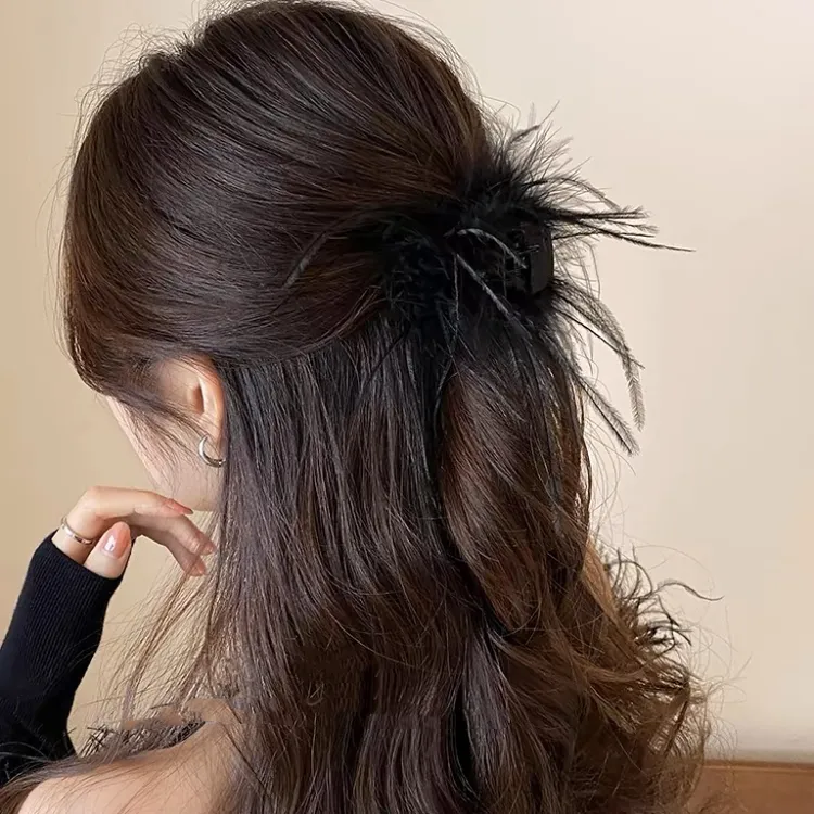 小号4厘米长高马尾羽毛抓夹高级感毛毛半扎发女发夹