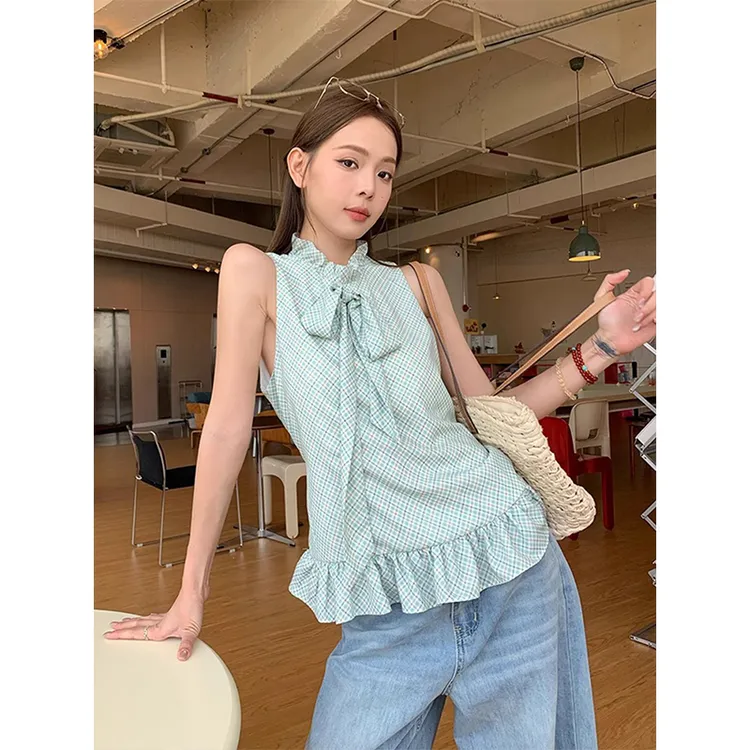 韩系chic浅绿色格子无袖背心女夏季新款独特别致设计修身显瘦上衣