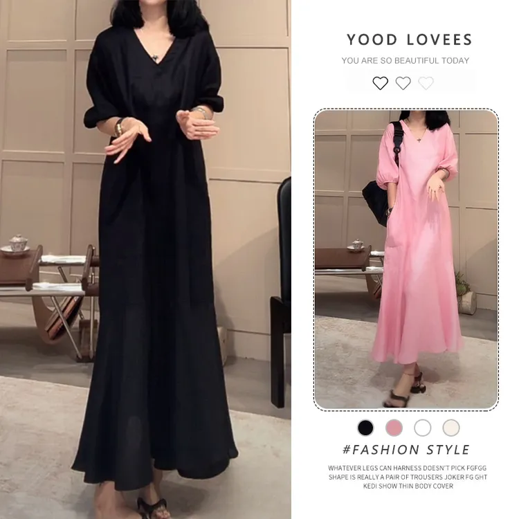 梨形身材高级感纯色V领连衣裙女夏季新款简约风宽松显瘦气质长裙