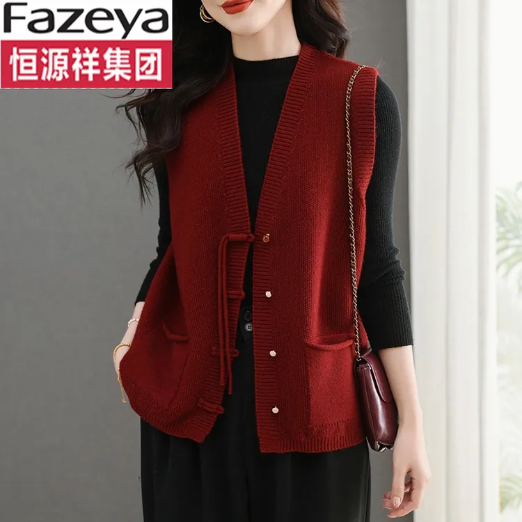 恒源祥集团彩羊胖大码针织开衫马甲女款新款春秋毛衣背心女马甲