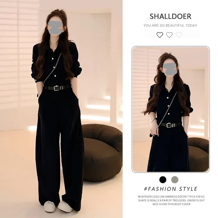 美式设计感长袖衬衫连体裤女2026春秋新款宽松显瘦连体衣阔腿裤子