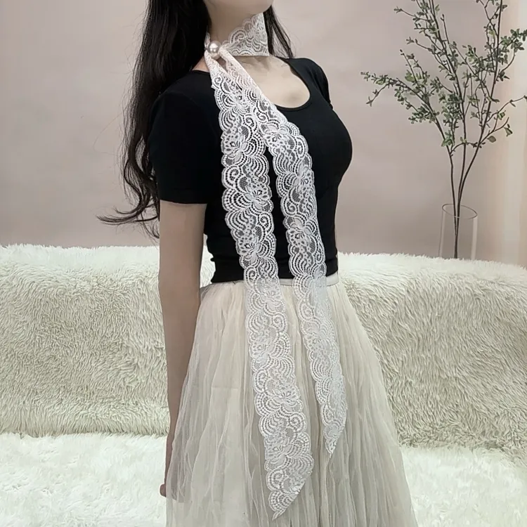 甜美风女法式韩版极简风薄款丝巾百搭长款夏季白色时尚蕾丝镂空