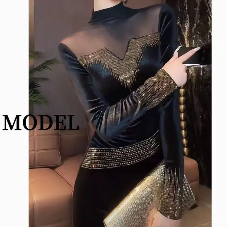 时装网纱气质烫钻长袖T恤打底衫秋装显瘦网红时尚百搭修身重工