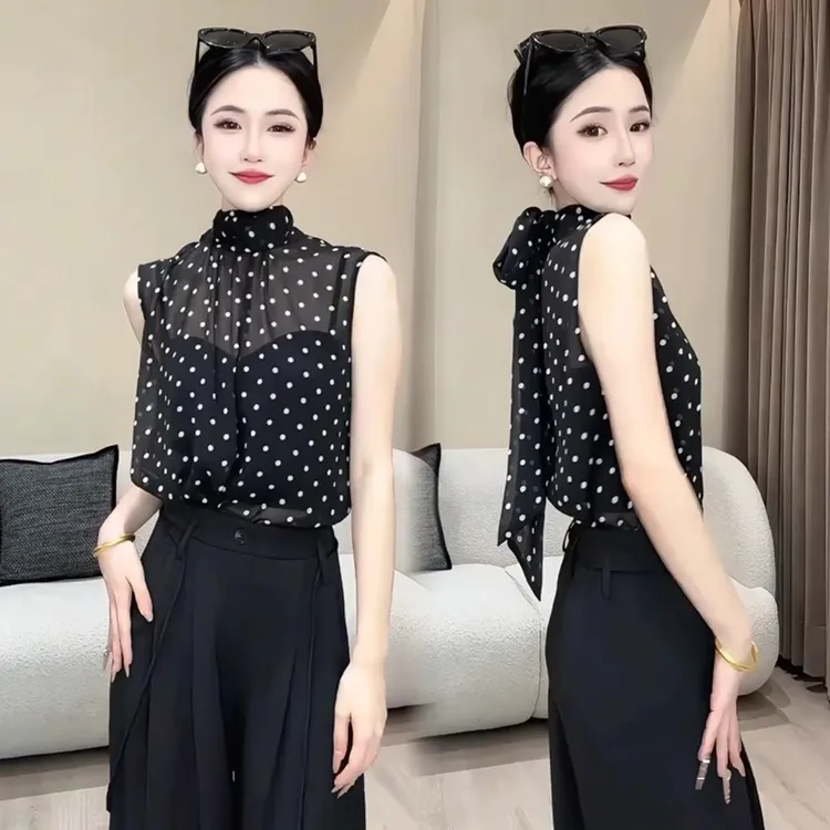 拉夏贝尔时尚立领衬衫夏季新款洋气显瘦无袖上衣波点飘带百搭小衫