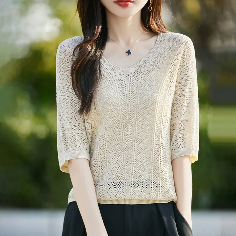 哥弟阿玛施正品夏季新款菱形镂空提花V领短袖针织女洋气休闲上衣