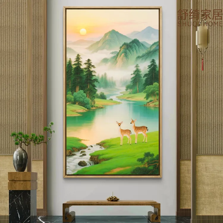 聚宝盆山水画玄关福鹿招财装饰画流水生财走廊过道挂画靠山风景画