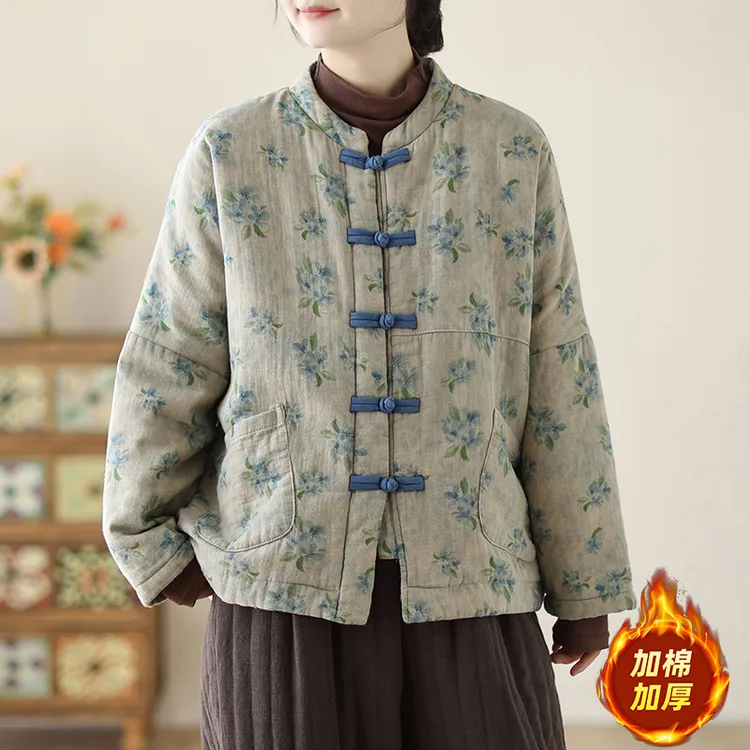 新中式复古印花长袖棉麻棉服女秋冬风对襟盘扣加厚保暖夹棉衣外套