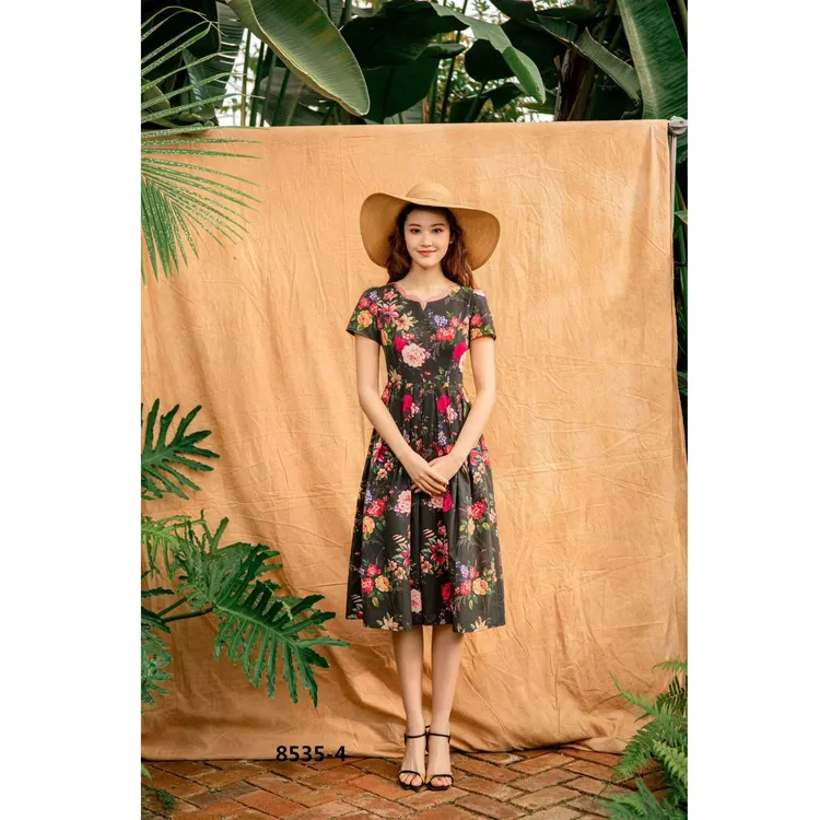 X60--X68长裙显瘦V领短袖女装连衣裙中国风新中式