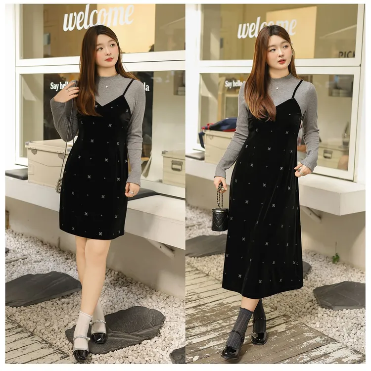 《橘红色的秋天》运补-6-甜美假两件丝绒连衣裙2251