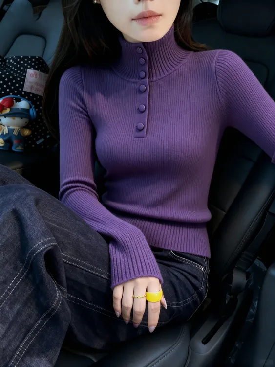 韩系氛围感紫色高领长袖针织毛衣女冬季新款慵懒松弛百搭减龄打底