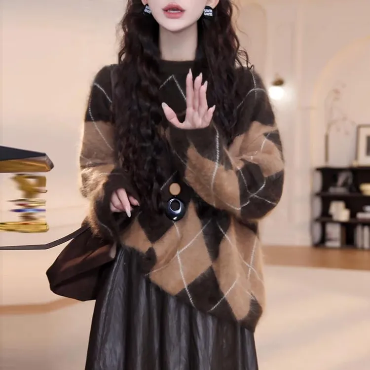 2025春秋季新款女士宽松慵懒风格子毛针织衫韩系巨好看的两件套装