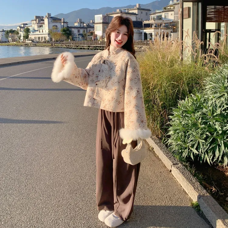 新中式国风毛毛拼接羽绒服女2025秋冬新款优雅风加厚阔腿裤两件套