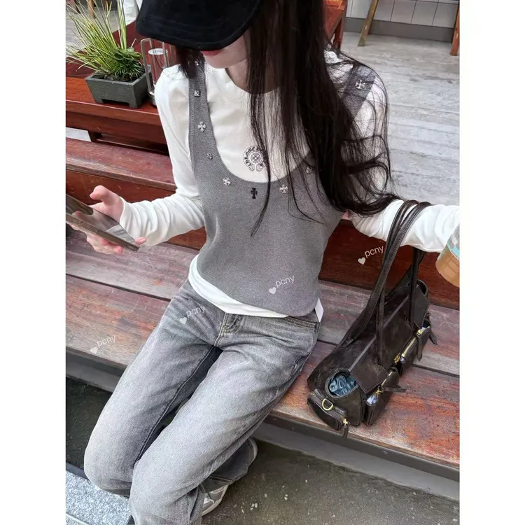 PCNY「好好搭配」不理理秋季新款女装时尚百搭背心马甲T恤两件套