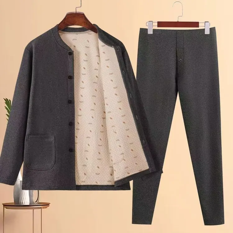 中老年男士德绒保暖内衣系扣前开扣开衫秋冬加厚秋衣秋裤套装