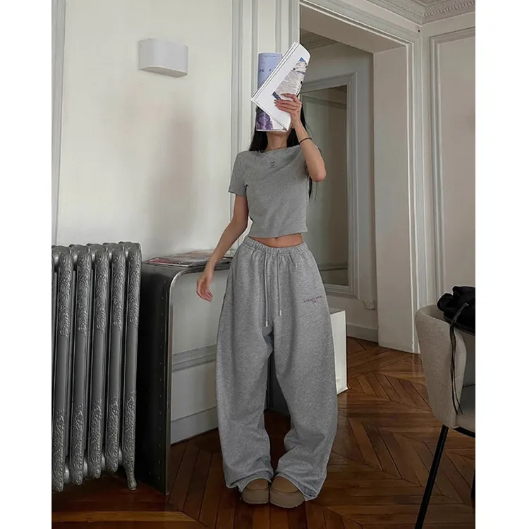 Two Million/休闲玩家套装 灰色正肩短袖T恤垂感阔腿卫裤两件套