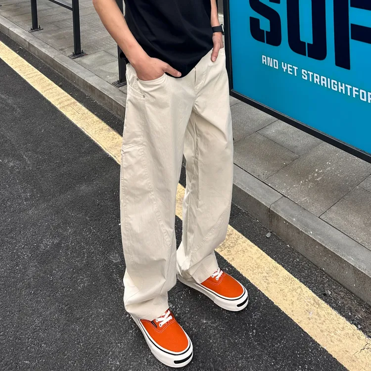 QUALCOMM秋季新款卡其色宽松直筒休闲裤男潮流美式户外速干弯刀裤