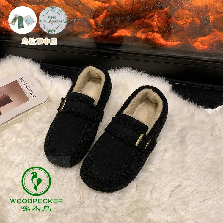 woodpecker/啄木鸟毛呢软底软面加绒保暖百搭一脚蹬豆豆鞋乐福鞋
