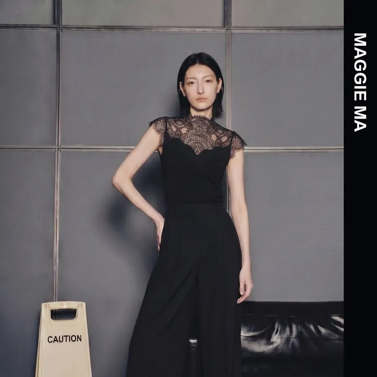 MAGGIE MA马婧设计师款黑色蕾丝拼接上衣332S