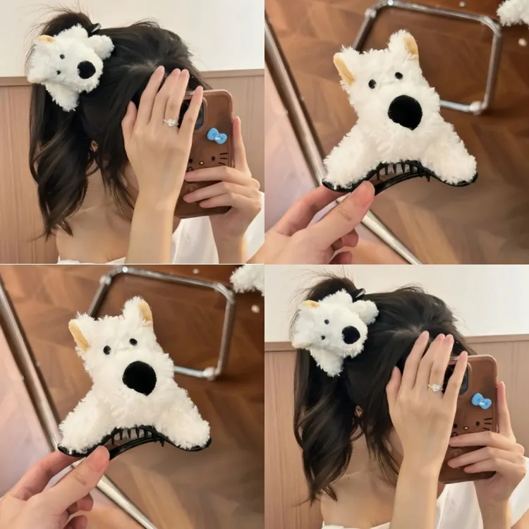 杨幂同款白色小狗发夹可爱毛绒西高地狗狗侧边夹顶夹发卡头饰发