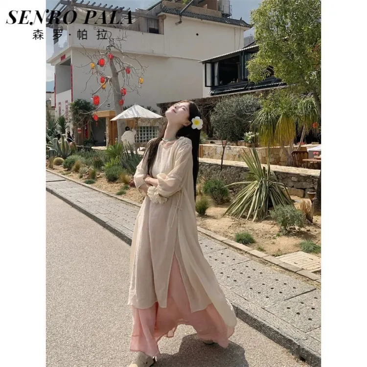 休闲温柔风宽松长袖连衣裙内搭半身裙春夏新款时尚两件套女潮