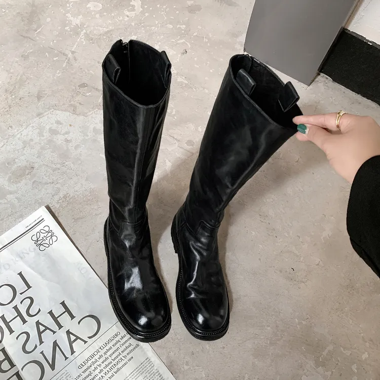 新款百搭休闲厚底牛皮版~法式复古褶皱高底长筒骑士时装靴长筒靴