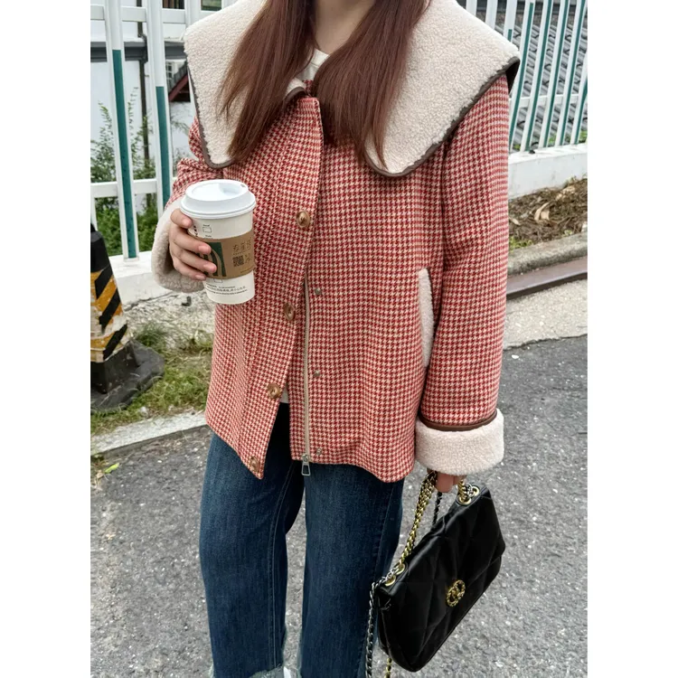 楠序【小暖炉】源子微胖女装 大翻领格子羽绒服大气保暖外套YZ38010