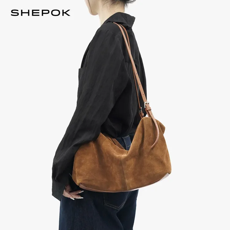 SHEPOK真皮枕头包2025新款简约大气手提包慵懒松弛单肩斜挎包