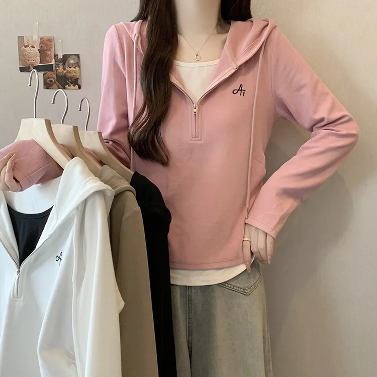 撞色假两件卫衣宽松显瘦韩版女打底T恤长袖刺绣连帽大码休闲上衣