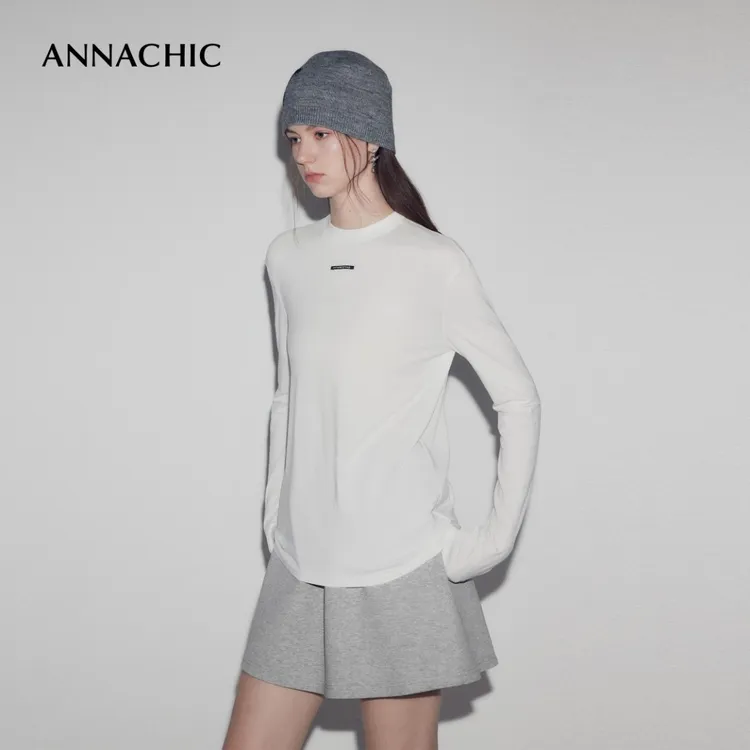 ANNACHIC精致基础_小立领落肩显瘦长袖t恤/打底衫/M1u系圆领上衣