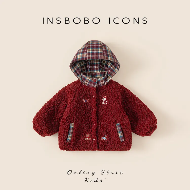 INSbobo儿童保暖外套冬季洋气休闲卡通绣花连帽毛绒外衣潮DY85072