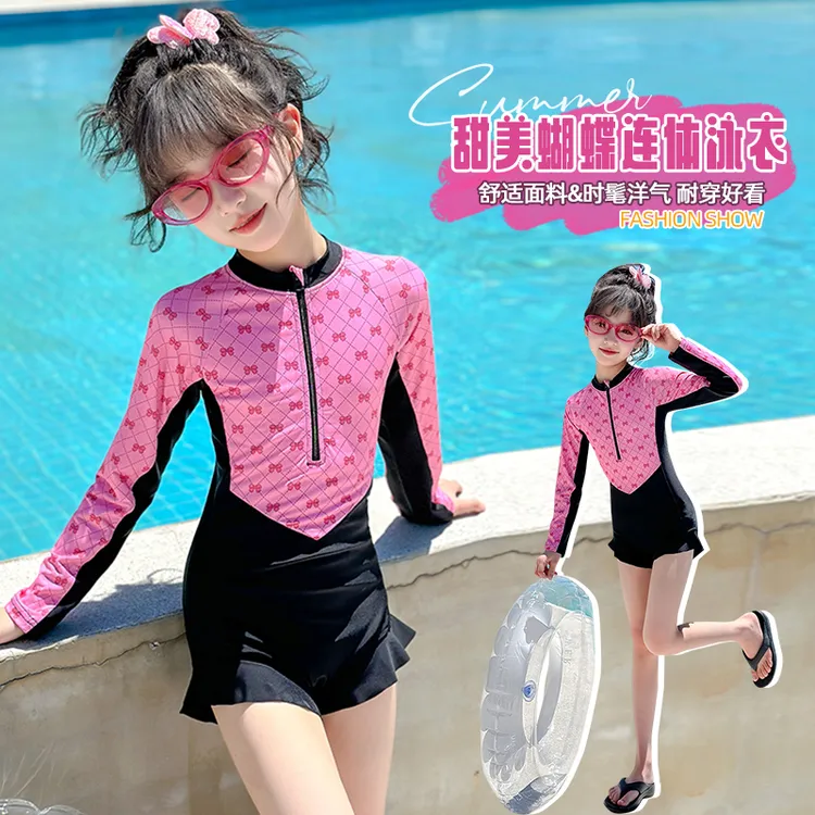 女童夏季连体泳衣2024新款女孩洋气拼接游泳衣儿童防晒长袖泳装夏