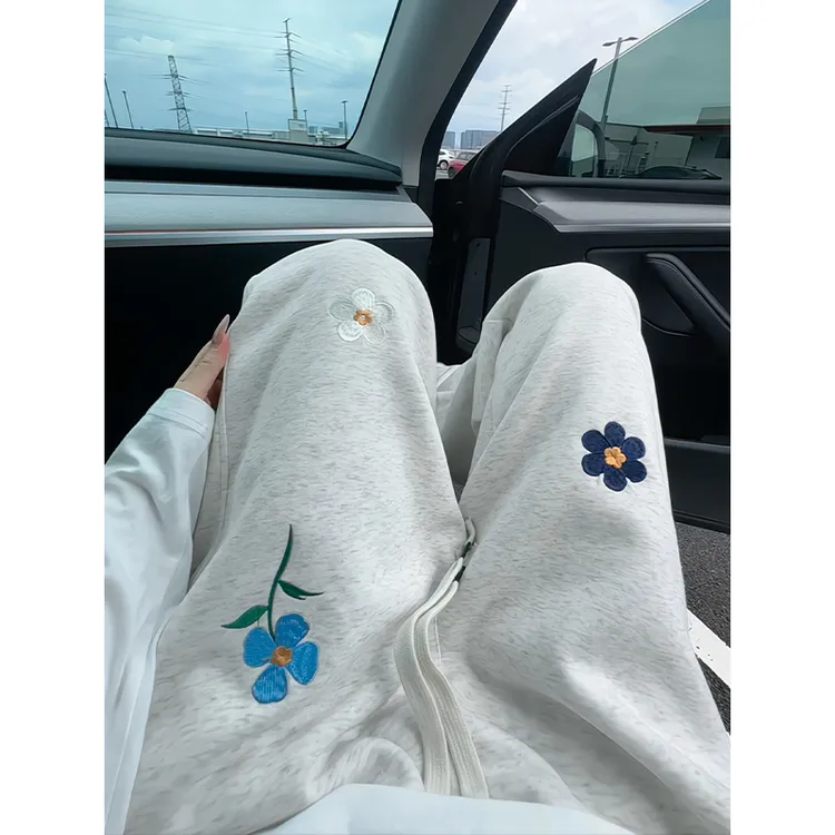 设计感小众花卉刺绣运动卫裤男春秋美式潮牌宽松青少年情侣休闲裤