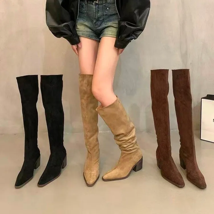 2025长筒靴增高胖妹妹方跟堆堆筒尖头一脚蹬软面弹力靴靴子不累脚