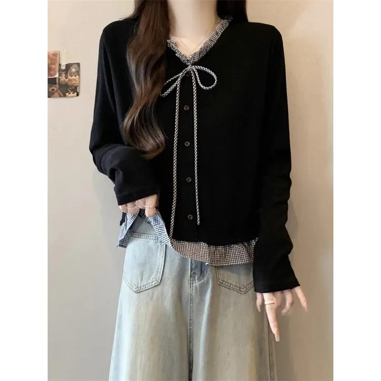 大码女装遮肚子木耳边拼接V领假两件长袖衬衫女胖MM显瘦别致上衣