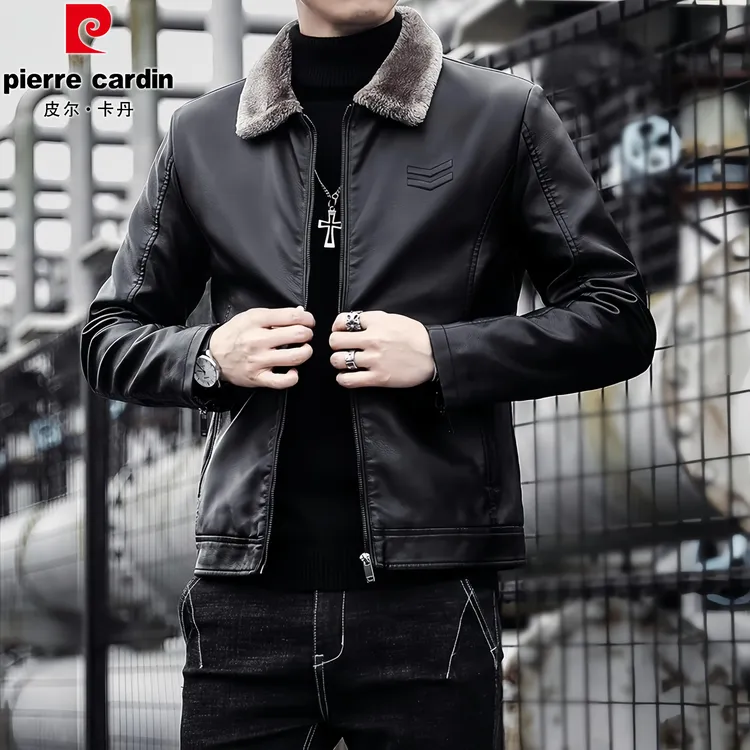 皮尔卡丹男士百搭加厚毛领软皮皮衣休闲时尚秋冬潮流夹克翻领外套