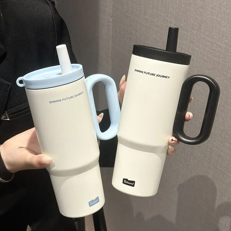 高颜值车载吸管杯子女泡茶保温杯把手316不锈钢保温杯大容量水杯