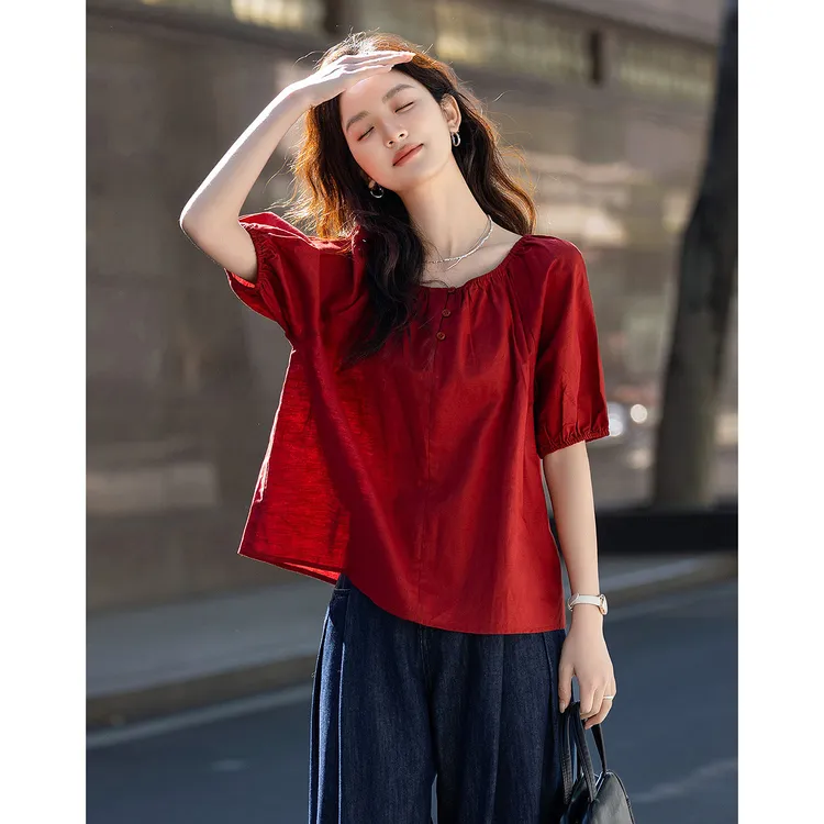橡筋一字肩圆领两穿夏季轻盈亚麻棉混纺衬衫气质衬衣女装上衣