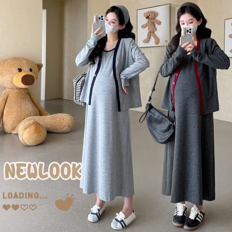 【程程家】 秋冬新款孕妇慵懒风撞色气质韩版显瘦开衫+背心裙套装