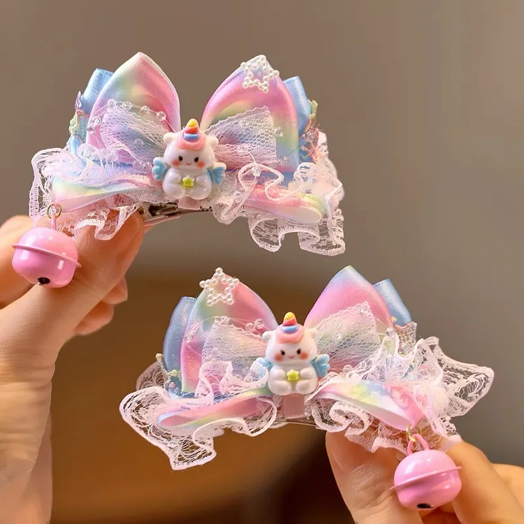 渐变彩虹蝴蝶结可爱独角兽小女孩立体夹洛丽塔小黄鸭铃铛儿童顶夹