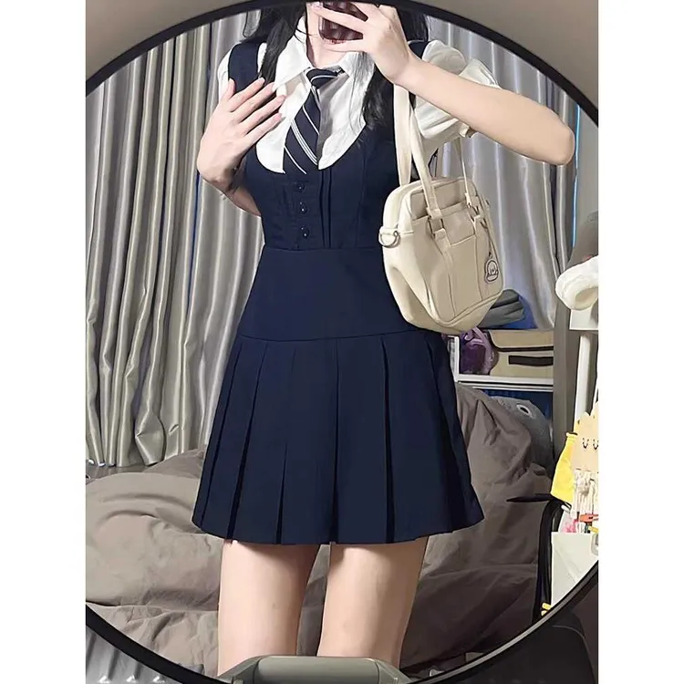 韩系JK制服套装夏学院风马甲连衣裙减龄修身纯欲背带百褶裙两件套