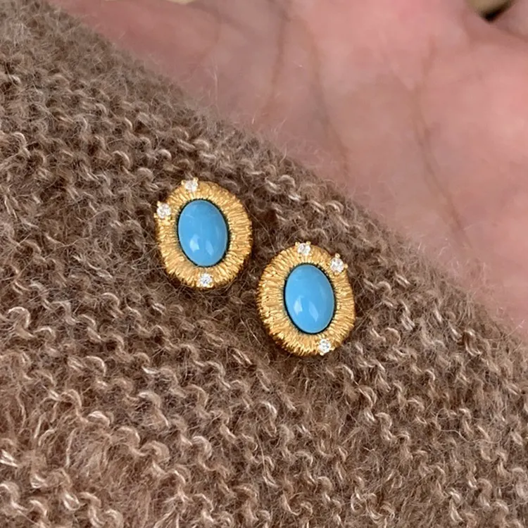 铜合金磁石耳饰 爆款中古风蓝松拉丝耳钉女2024新款秋冬搭配微镶