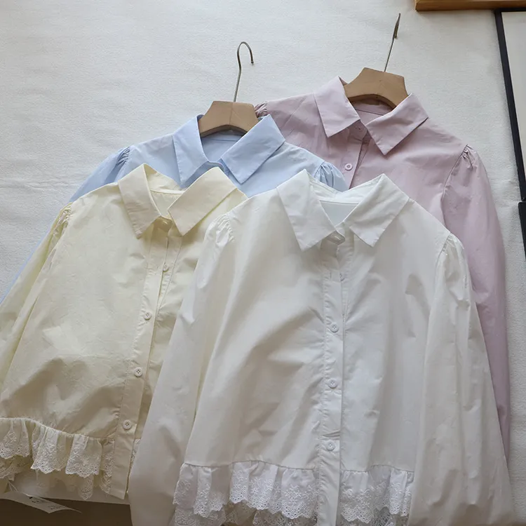2025春季上新韩系气质蕾丝花边拼接长袖衬衫女短款上衣洋气欧若风