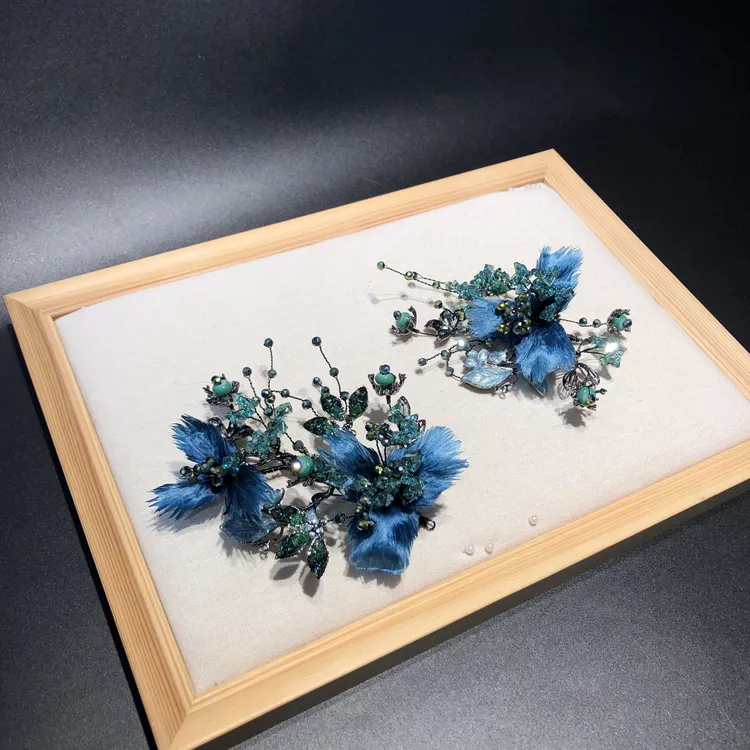 婚庆饰品1390复古蓝色绒花气质新娘头饰新中式秀禾敬酒礼服配饰