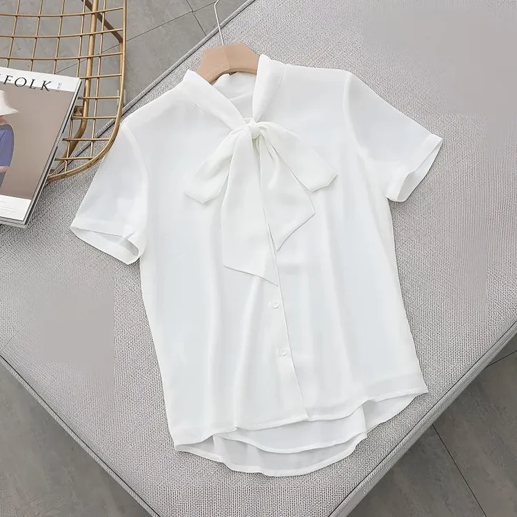 轻柔细腻雪纺飘带蝴蝶结短袖衬衫女长袖通勤职业上衣白色气质