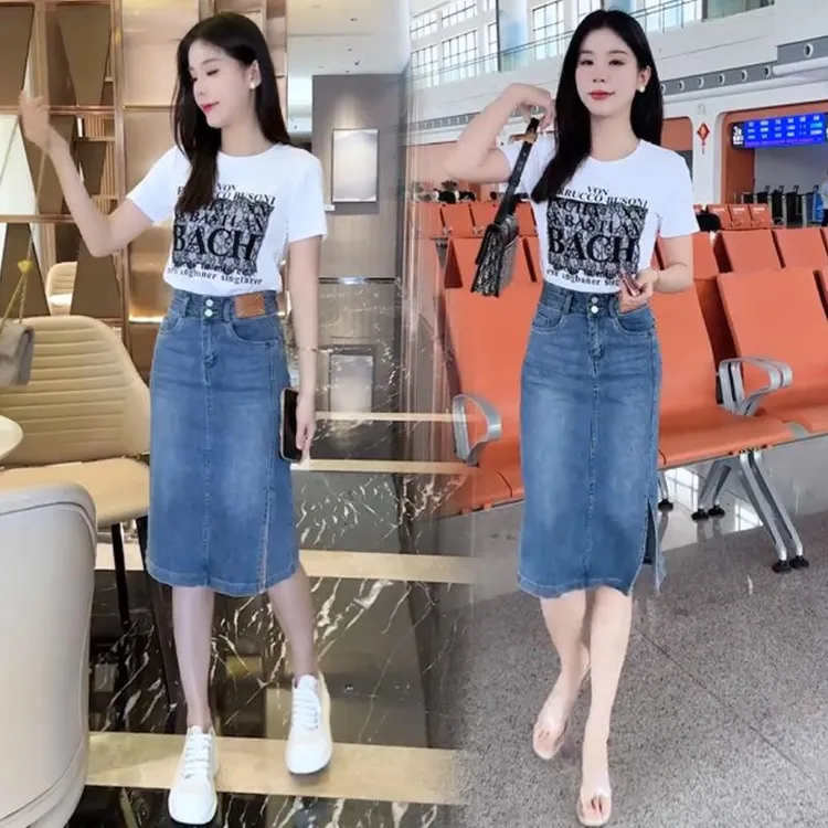 时尚牛仔裙套装女2023夏季新款洋气显瘦时髦T恤高腰半身裙两件套